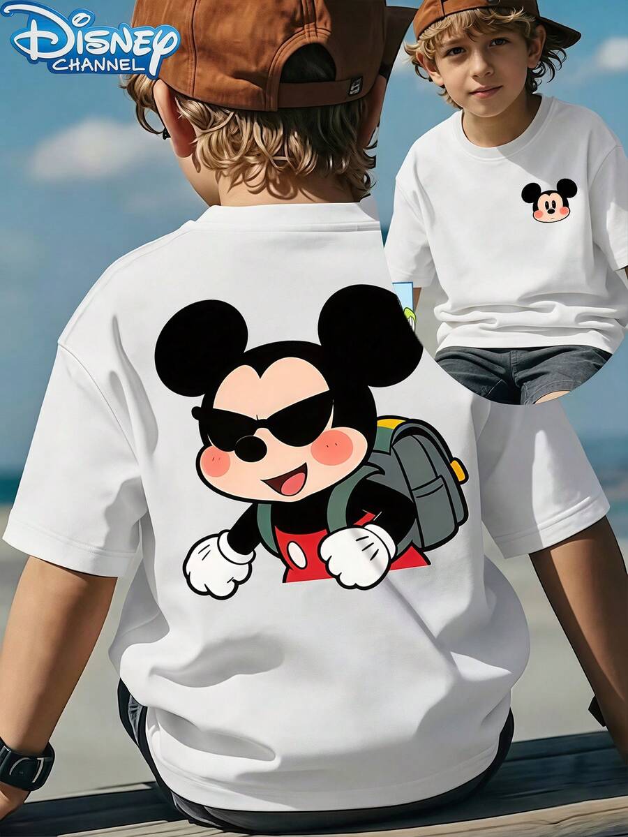 1 Piece Boys Casual Disney Mickey Mouse Backpack Graphic Short Sleeve T Shirt Teen Boy Clothes Boys Clothes Shirts Baby Tee For Daily Summer - 白色 - 查看 1