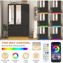 3Doors Armoire Wardrobe Closet With 3 Drawers & Mirror, Modern Wooden Bedroom Armoires With Hanging Rod USB Powered Led Lights For Bedroom - 黑-3門 - 查看 5