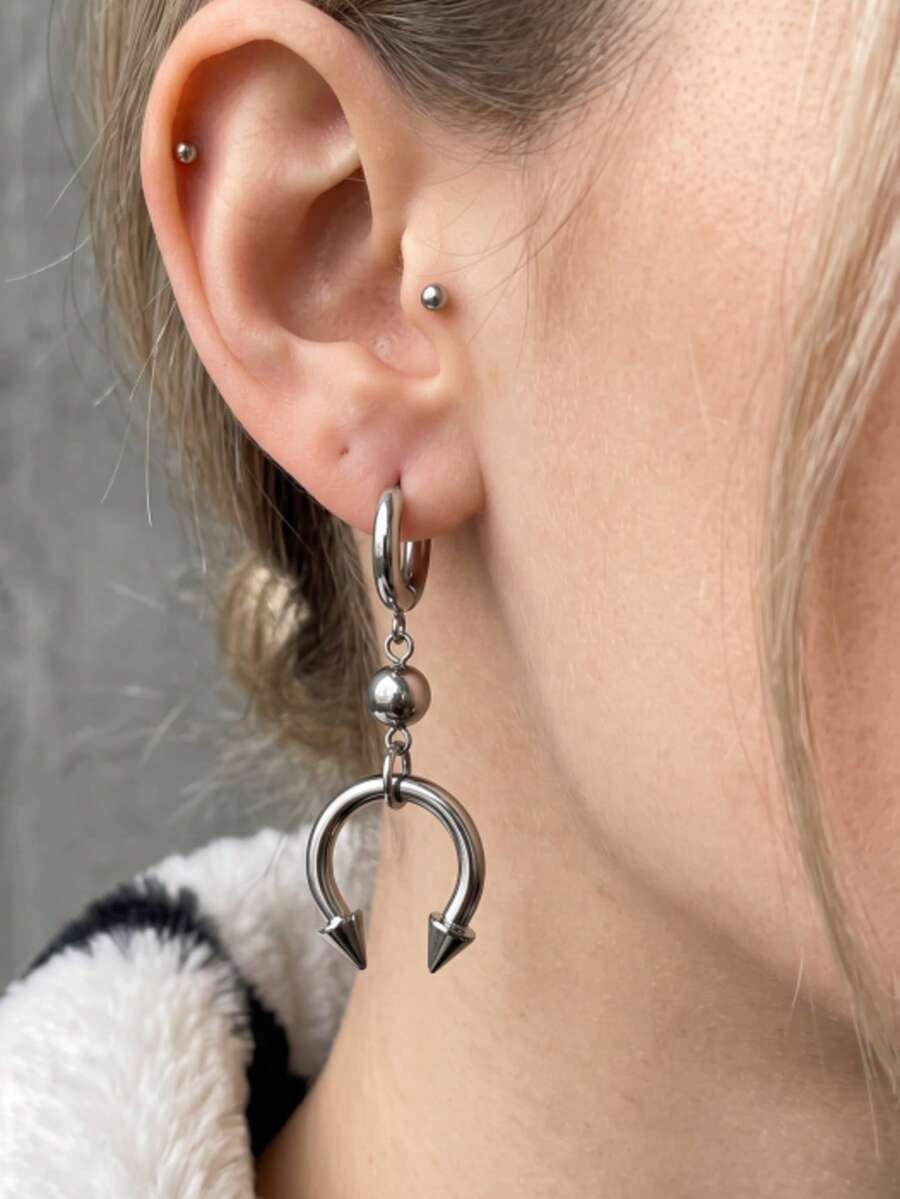 1 Pair Of Punk Rivet Stainless Steel Earrings For Women Rock Music Festival Daily Party Gathering Hip Hop Accessories - 銀色 - 查看 1