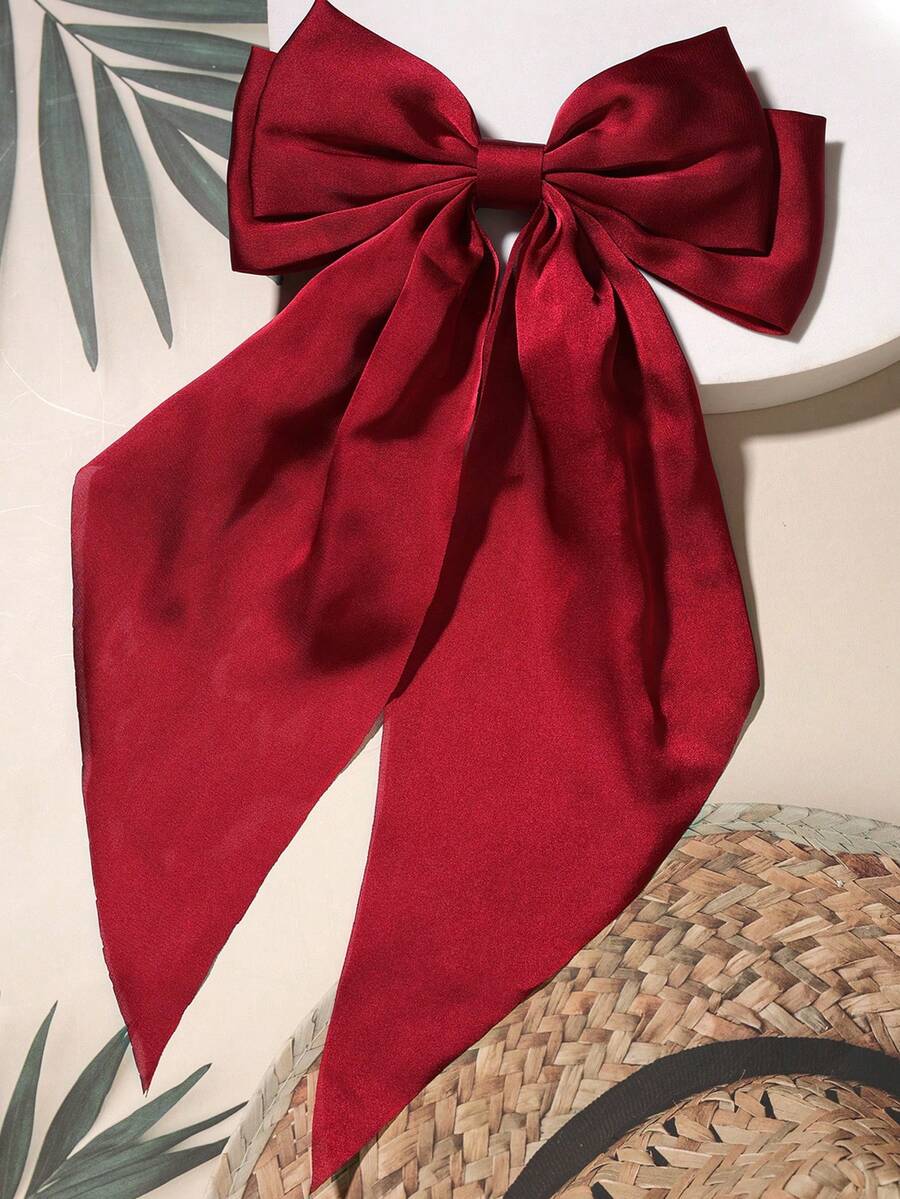 1pc Solid Color Satin Hair Clip Head Accessory Silk Ribbon Large Bow Hair Clip For Women Versatile,Hair Claws
