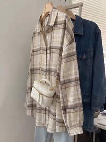 YUXIN Women's Retro Checkered Shirt, Long Sleeved Button Down Jacket, Loose Fit Layered Piece For Daily Camping And Commuting Wear - Apricot - View 7