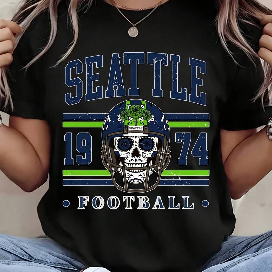 Uni Seattle Football Skull Helmet Graphic Print T Shirt For Halloween And Spor Fans Family Couple Oui Pure Cotton Comfortable Fabric - 黑色 - 查看 1