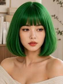 Peruca Reta Verde Feminina de Comprimento até os Ombros 12 Polegadas com Franja, Material Sintético de Fibra de Alta Temperatura, Estilo Elegante e Versátil, Adequada para Carnaval, Festival de Música, Festa, Uso Diário de Todas as Mulheres, Confortável e Natural - Verde - Visão 8