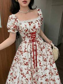 Elegant Long-Sleeved Dress With A Lace Collar And Fitted Hem, Featuring A Charming And Romantic Floral And Lace Design, Ideal For Holidays, Women's Dress - 鵝黃色 - 查看 1