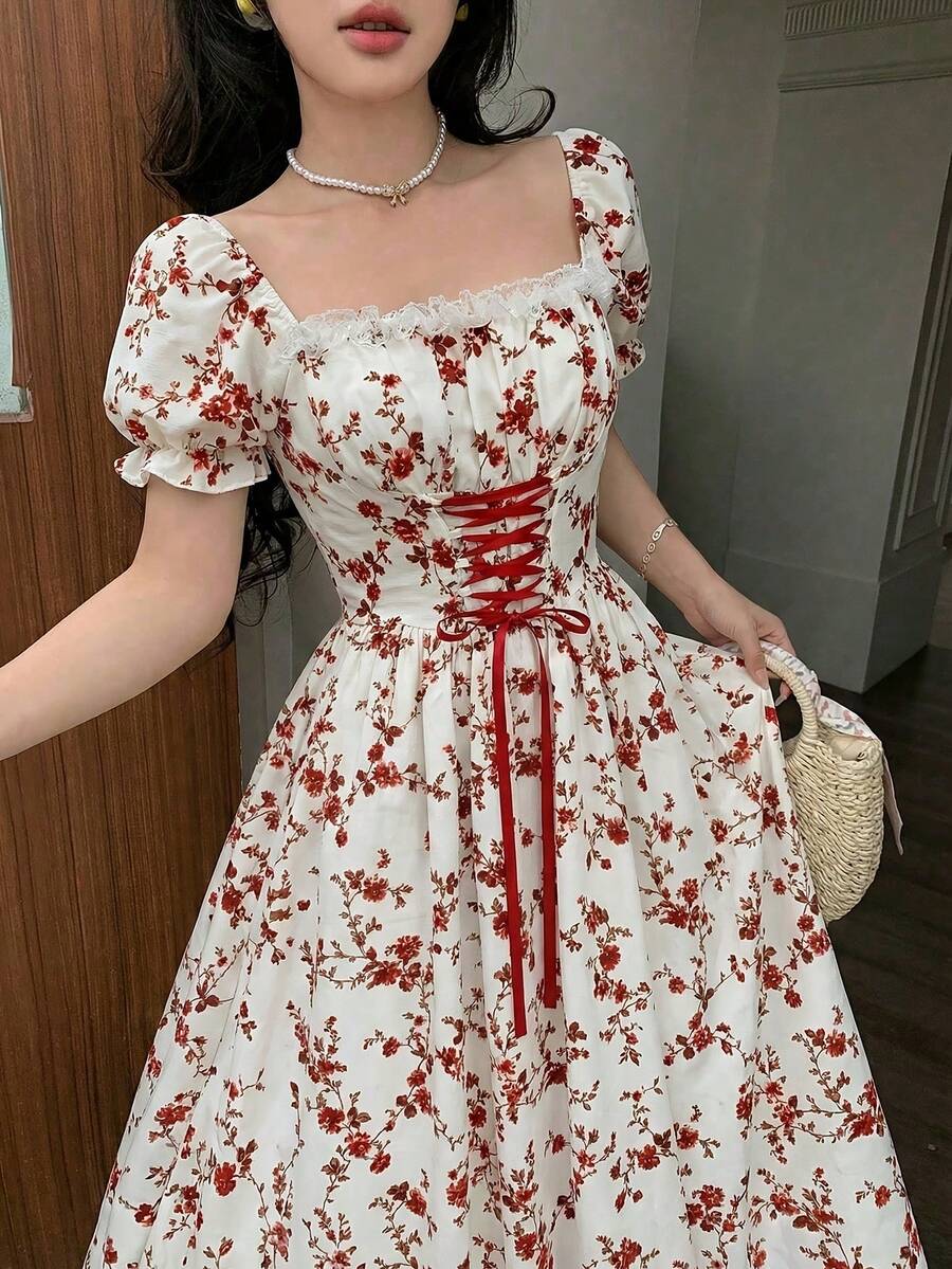 Elegant Long-Sleeved Dress With A Lace Collar And Fitted Hem, Featuring A Charming And Romantic Floral And Lace Design, Ideal For Holidays, Women's Dress - 鵝黃色 - 查看 1