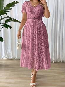 Plus Size Women's Long Dress, Elegant And Simple With Lace Details, Ideal For Holidays Or Parties, Belt Not Included - 鵝黃色 - 查看 4