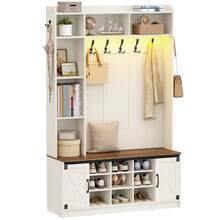 HaluPeit 47.2" Hall Tree, LED Farmhouse Entryway Storage And Coat Rack Wood, Entryway Furniture With 7 Hooks, Hall Tree With Bench And Storage, 6 Storages Partitions Shoe Bench, Rustic White - White - View 11