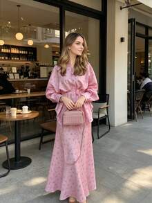 Boho Floral Print Two-Piece Outfit, Button-Up Blouse And Flowy Maxi Skirt - 粉色 - 查看 6