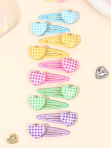 10 piezas Clips BB de corazón color pastel para niñas, clips de pelo de corazón a cuadros kawaii, lindos clips de pelo con broche, regalo para niñas, barrettes, tocado para uso diario y fiestas, accesorios para el cabello de adolescentes - Multicolor - Ver 3