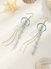 1 Pair Women's Jellyfish Pendant Earrings, Cute Ocean Theme Crystal Tassel Earrings, Summer Beach Accessories - Baby Blue - View 4