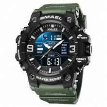 SMAEL 8049 LED Sports Alarm Clock Dual Time Display Waterproof Auto Date Quartz Watches - Verde militar - Ver 8