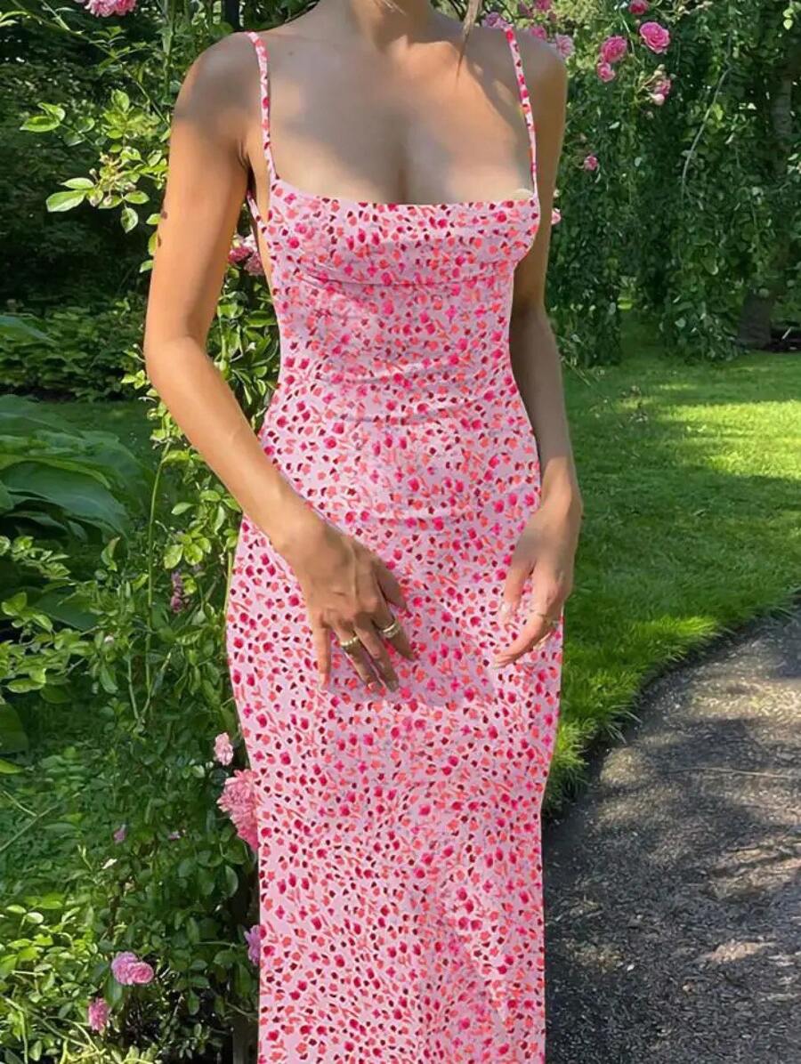 Y2K Vestido largo con estampado floral y tirantes finos, vestido veraniego ajustado con cuello en V profundo, vestidos sexys sin espalda para verano, ropa de calle - A - Ver 1