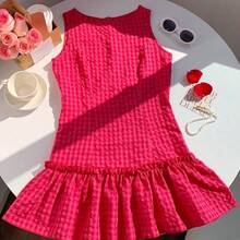 LunaCass8  Vestido casual y elegante con textura de crepé, volantes en el bajo y sin mangas, a cuadros, ideal para el Día de San Valentín - Multicolor - Ver 2