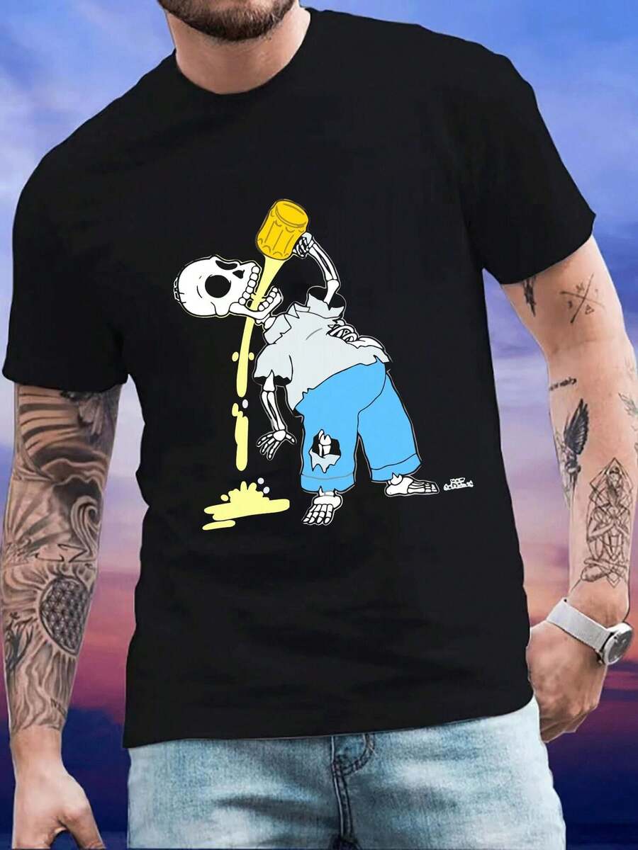 Camiseta de hombre con diseño divertido de esqueleto bebiendo cerveza,estilo casual y moderno,ideal para un look original. - Negro - Ver 1