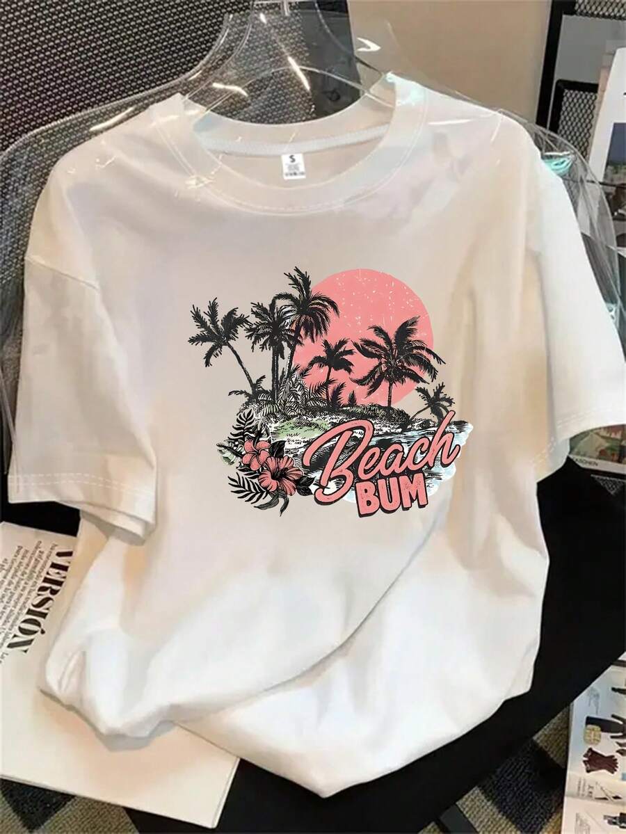 Sudadera de manga corta con cuello redondo y estampado playero para mujer, de una tienda de artista, apta para todas las estaciones. - Blanco - Ver 1