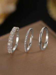 Gift Box Style 3 Pieces Silver Stackable Ring Set, Smooth Band + Round Zirconia Eternity Ring + Princess Square Diamond Wide Band, Suitable For Women's Wedding, Party Wear And Holiday Gifts - Silver - View 3