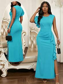 Women's Solid Color Round Neck Patchwork Ruffle Side Slit Elegant Party Dress - Sky Blue - View 1