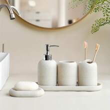 Cream Minimalist Bathroom Set, Lotion Dispenser Bottle & Toothbrush Cup, Nordic Style Bathroom Sink Use, Lotion Dispenser Bottle, Toothbrush Cup, Bathroom Set - Classic - View 1