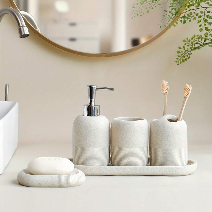 Cream Minimalist Bathroom Set, Lotion Dispenser Bottle & Toothbrush Cup, Nordic Style Bathroom Sink Use, Lotion Dispenser Bottle, Toothbrush Cup, Bathroom Set - Classic - View 1