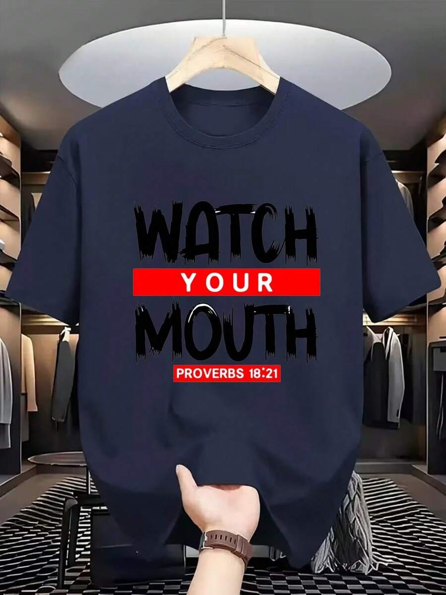 New Versatile And Stylish Short-Sleeved Casual Shirt, 100% Cotton, Printed - Men's Casual T-Shirt With A Custom Design Featuring Motivational Phrases And Warnings. Made With Breathable Polyester Fabric, Regular Fit For Everyday Wear, Suitable For Urban Sports, Simple And Modern, Comfortable And Versatile - Unisex. - 藏青色 - 查看 1