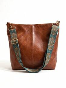 Bolsa Balde Feminina PU de Alta Qualidade, Alça Larga Estampada Ajustável, Estilo Street Casual para Uso Diário bolsas feminina transversal bolsas feminina bolsa bolsa transversal - Castanho - Visão 2