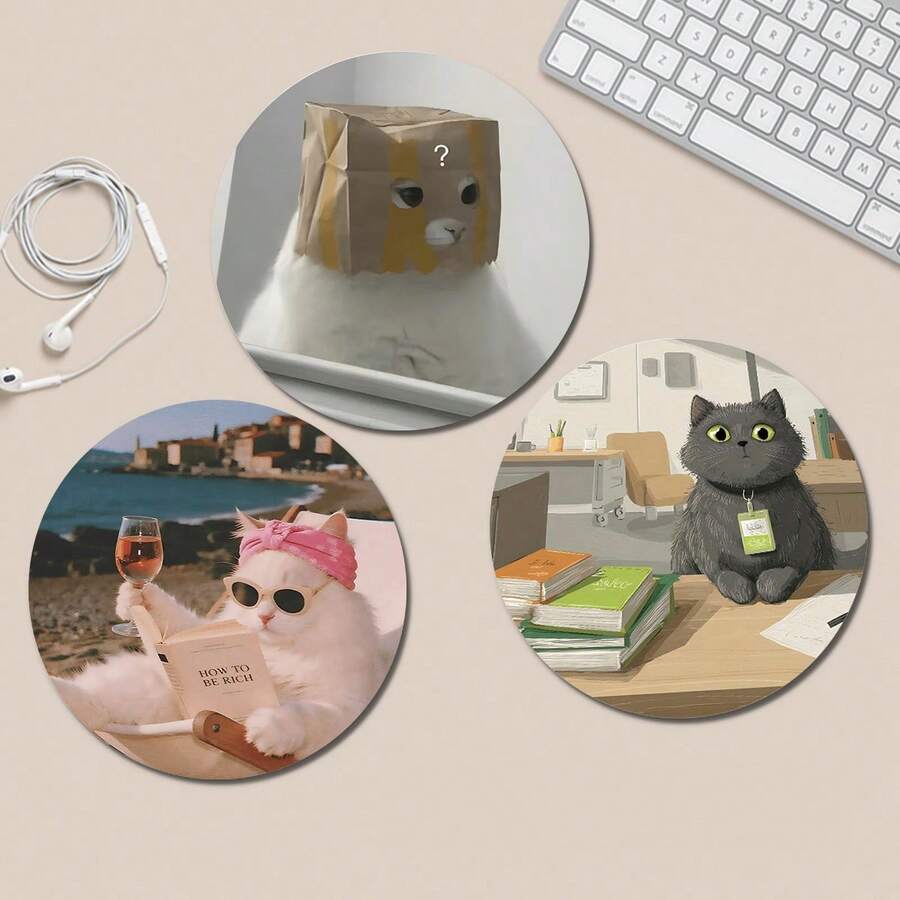 Circular Mouse Pad With Cartoon Design For Cats And Dogs - Featuring An Anti Slip Rubber Base, Measuring 20 X 20 Cm, Perfect For Offices And Homes, And Ideal For Women And Girls Weighing 47g Per Piece