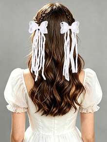 2pcs/Pack White Bow Long Curly Hair Clips Back To School Season Hair Bows Girls Gift - White - View 2