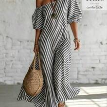 Vestido suelto asimétrico de hombro con textura de rayas de estilo retro y casual de vacaciones "Island Breeze" para mujeres AG - Multicolor - Ver 8