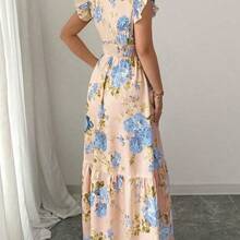 Vestido de vacaciones con cuello en V, manga corta y estampado floral romántico para mujer AG - Rosa - Ver 3