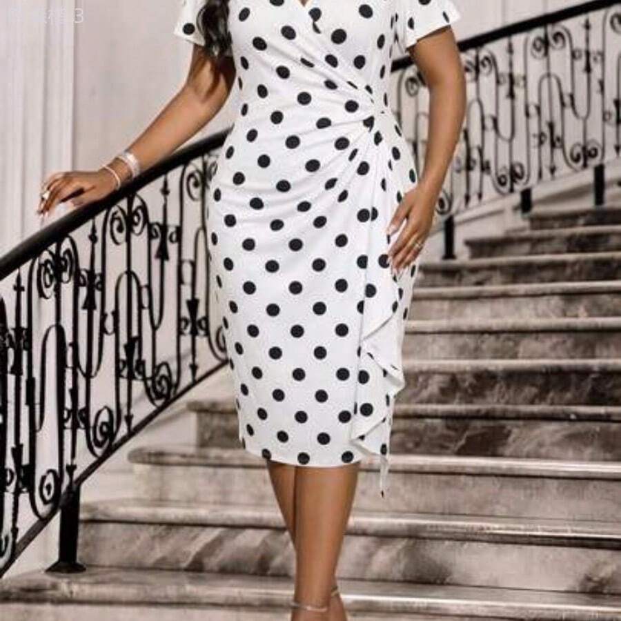 yonghongmaoyi1 Lady Vestido midi elegante con volantes y estampado de lunares para mujer de talla grande - Blanco y Negro - Ver 1