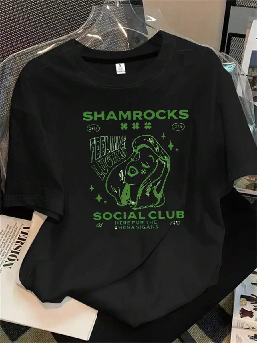 Camiseta de manga corta y cuello redondo para mujer con estampado de imitación del logo del Social Club, apta para todas las estaciones. - Negro - Ver 1