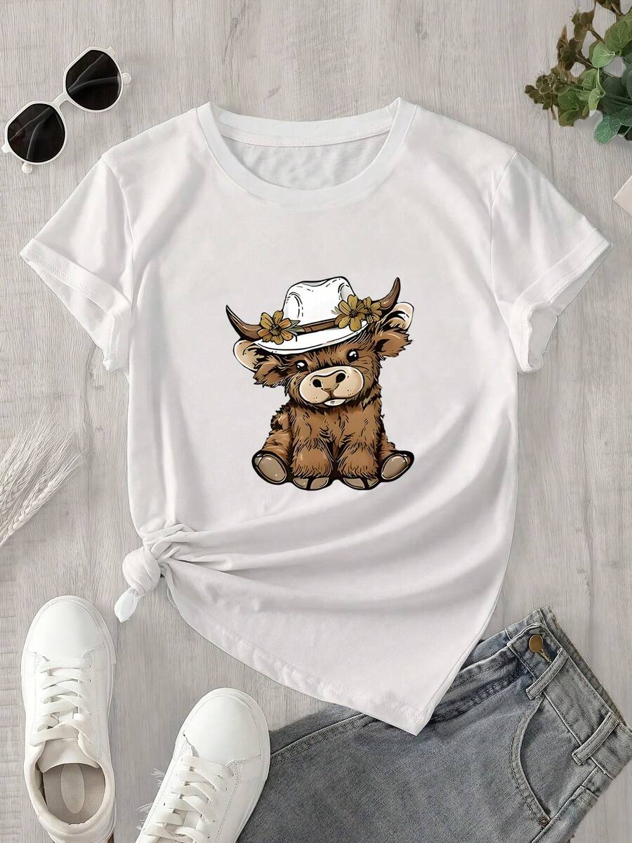 Camisa de manga corta con cuello redondo y estampado de sombrero de oso pardo para mujer, ideal para todas las estaciones. - Blanco - Ver 1