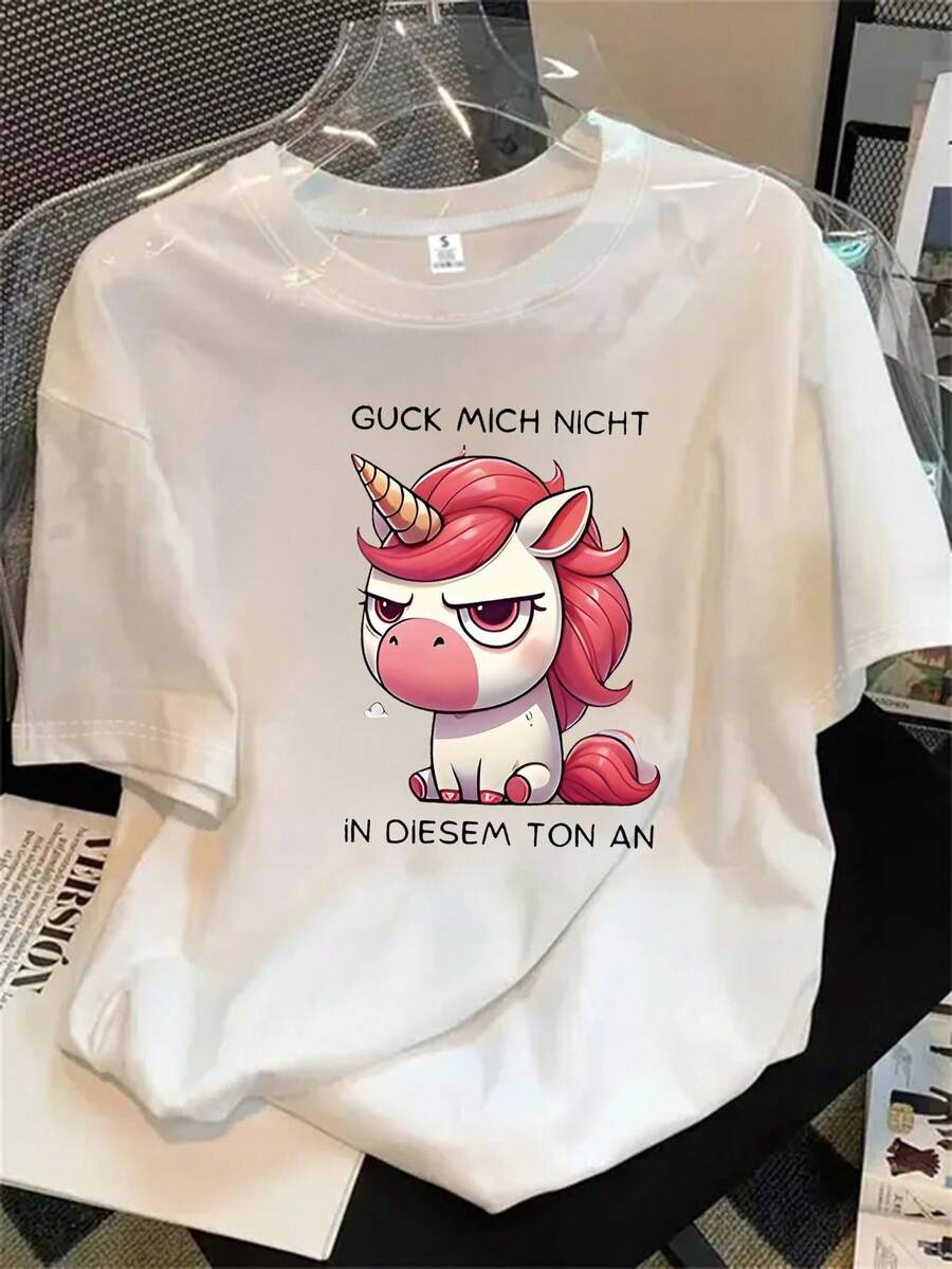 Camiseta de manga corta con cuello redondo para mujer, con estampado de unicornio que incluye un dedo meñique y las palabras "I n ' n", apta para todas las estaciones. - Blanco - Ver 1