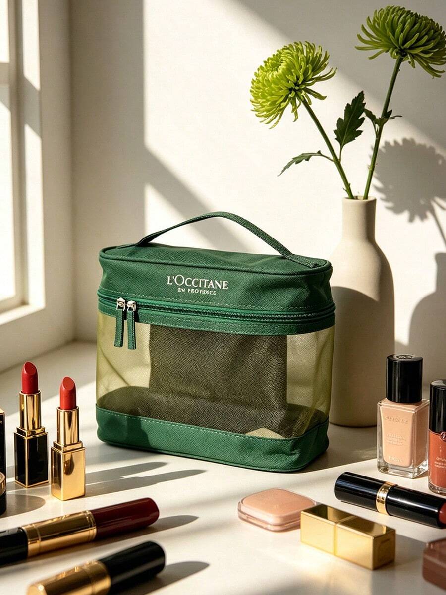 L'Occitane French Minimalist Green White Makeup Pouch, Polka Dot & Solid Color Multi-Use Storage Bag, For Luxury Gifting & Daily Use, LOCCITANE‑GIFT-7 Makeup Bag - Green - View 1