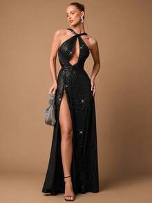 Elegante vestido de cóctel con lentejuelas negras, encaje calado, abertura alta y brillante con cuentas, adecuado para fiestas de cóctel, citas románticas, capas de otoño/invierno, fiestas, bodas, Halloween, Navidad - Negro 2 - Ver 1