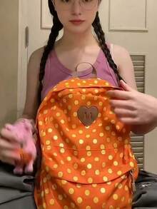Back To School Season Fashion Minimalist Orange Polka Dot Heart Backpack For Women, Japanese Style College Student Bookbag, Niche Design Commuter Travel Backpack - Orange - View 3