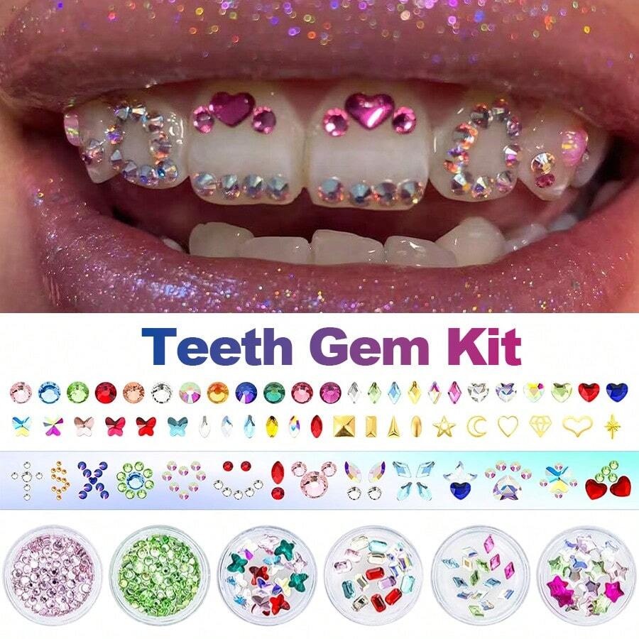 1 set Hiasan Gigi Bentuk Hati Berwarna-warni Kreatif, Aksesori Gigi Awal Gaya Y2K yang Lucu dan Elegan, Set Aksesori Bermain Peran Unisex, Untuk Wanita Sehari-hari, Pesta, Hadiah (Lem Tidak Termasuk, Dengan Kotak) - MultiWarna - View 1