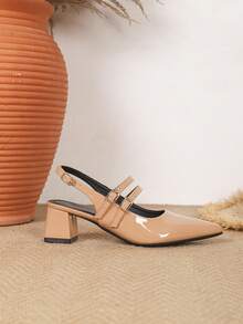 Spring/Summer Elegant Women's High Heels, Chunky Heel Comfortable Mary Jane Shoes, Pointed Toe Apricot Women's Shoes Backless Sandals Closed Toe Pumps, Banquet Style - Apricot - View 5