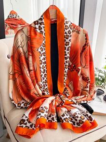 1PC Faux Silk Elegant Leopard Print Floral Pattern Scarf For Women, Long Beach Vacation Shawl, Sun Protection Beach Wrap, Fashion Versatile Scarf Shawl Suitable For Daily Matching And Decoration - Orange - View 2