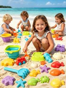 Children's Foldable Beach Bucket Set - Includes Foldable Bucket, Sand Molds, Rake, Shovel, Suitable For Outdoor Beach, Pool Water Play, Parent-Child Interaction, Beach Supplies, Beach Toys, Children's Beach Camping, Outdoor Play Summer Essential, Accessory Colors Random - Multicolor - View 3