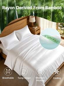 HONEYMOON 100% 竹纖維黏膠被套組，涼感床上用品，適合怕熱睡眠者，PureWoven 奢華絲滑柔軟，畢業/返校禮物，大學宿舍/公寓必需品，適用於房間居家臥室裝飾、宿舍裝飾，白色 - 白色 - 查看 7