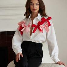 Aveloria Revavyn Blusa de manga larga con decoración de moño 3D de estilo romántico y dulce de dos tonos para niñas y mujeres, ropa para fiesta de vacaciones, camisa con botones linda y divertida para mujeres - Multicolor - Ver 1