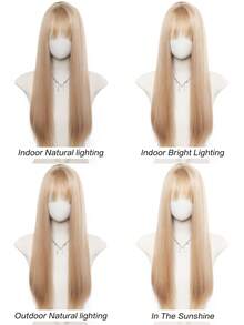Wig Sintetis Panjang Lurus Warna Pink Keemasan dengan Poni untuk Wanita, Serat Tahan Panas, Cocok untuk Penggunaan Sehari-hari/Cosplay/Pesta/Lolita - MultiWarna - View 9