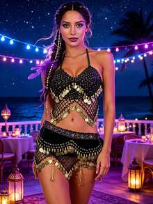 Performance Belly Dance Net Halter Top With Dangling Coins, Mesh Coin Tassel Hip Wrap Scarf - Multicolor - View 20