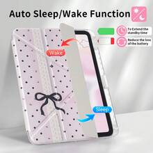Y-Shaped Folding Case Compatible With Ipad (A16) 11th 11" 10th 10.9" Air 8 (M4) 11" 2026 7th 8th 9th 10.2" Pro 11 2020-2022 Air 7/6 (M3/M2) 11" S10 Lite A11 A11+ With Pencil Holder Smart Case With Soft TPU Back Auto Wake/Sleep - Pink Polka Dot Lace Bow - View 3