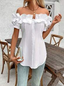 Talla Grande - Talla Grande - Camiseta de Mujer de Talla Grande, Color Sólido, Volantes y Hombros Descubiertos, Manga Corta - Blanco - Ver 7