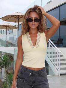 Women's Summer Sleeveless Tops, Modern, With Patchwork Lace, Deep V-Neck And Fitted Cut. - Yellow - View 1