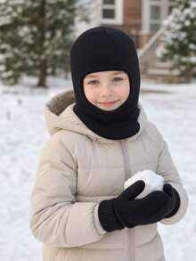 3pcs Kids Winter Hat & Gloves Set, Warm Knitted Hooded Hat, Knitted Gloves, Solid Color, Toddler Gloves For Girls & Boys, Elastic Knitted Gloves, Suitable For Kids & Toddlers Winter Warmth - 3pcs - View 5