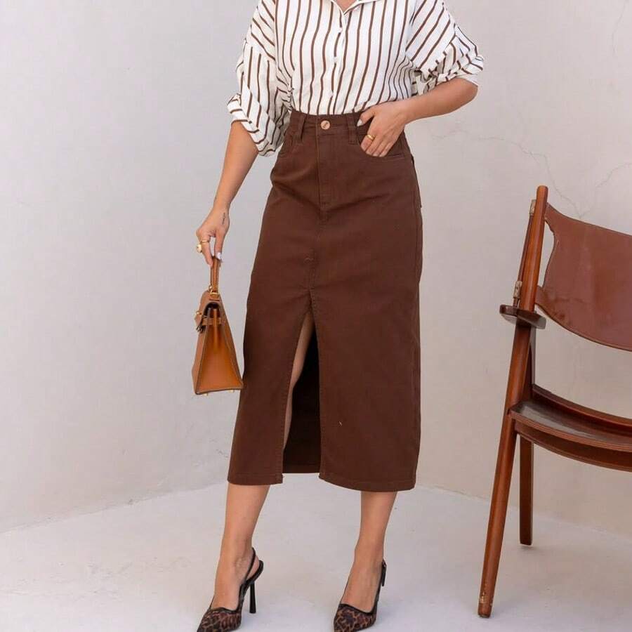 Brown MIDI Skirt - 鏽棕色 - 查看 1
