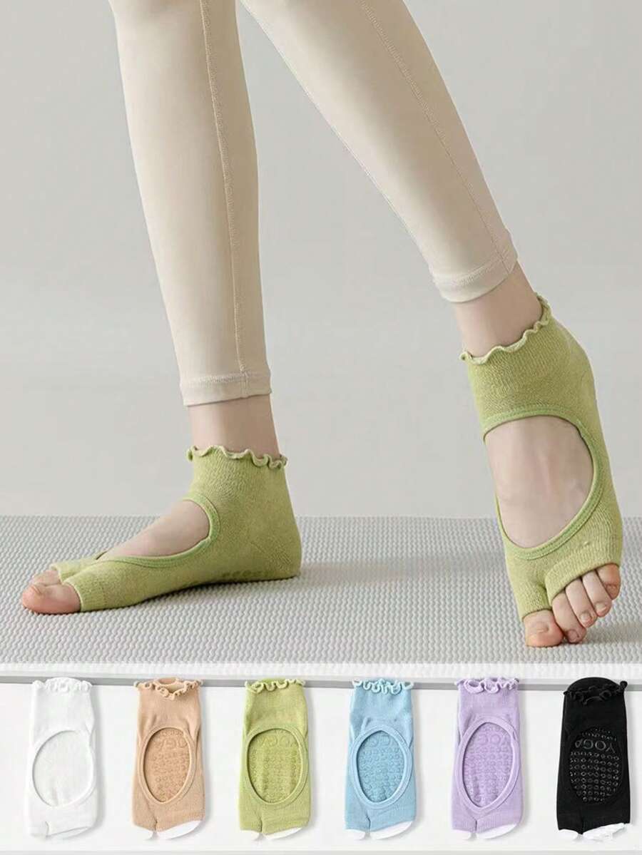 6 Pairs/Pack 2-Toe Yoga Socks, Summer Women's Breathable Professional Yoga Socks, Non-Slip Fitness Dance Pilates Sports Socks, Open-Back Split-Toe Socks - Multicolor - View 1